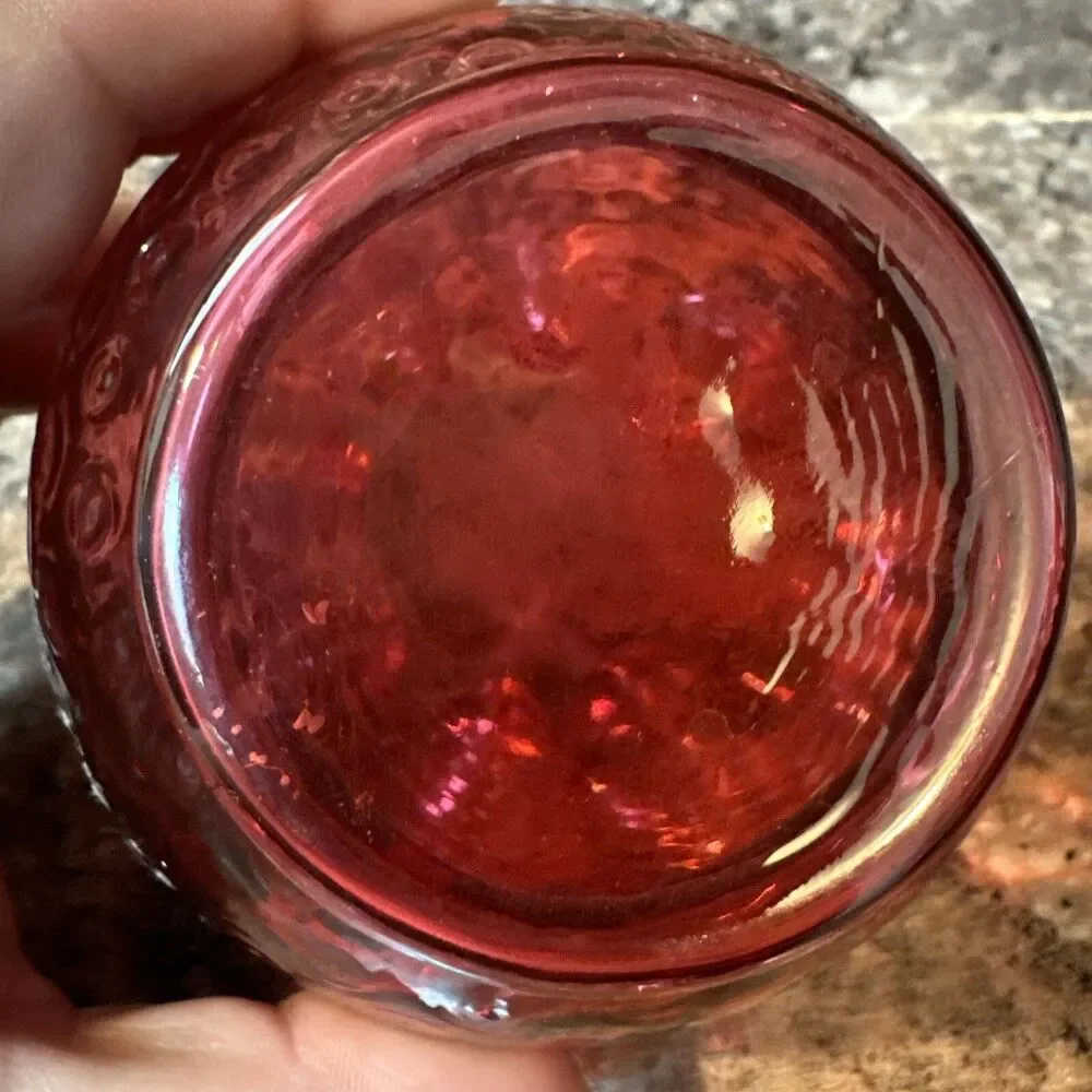 Fenton Cranberry Glass Rose Bowl Vase Reverse Coin Dot Crimped vase